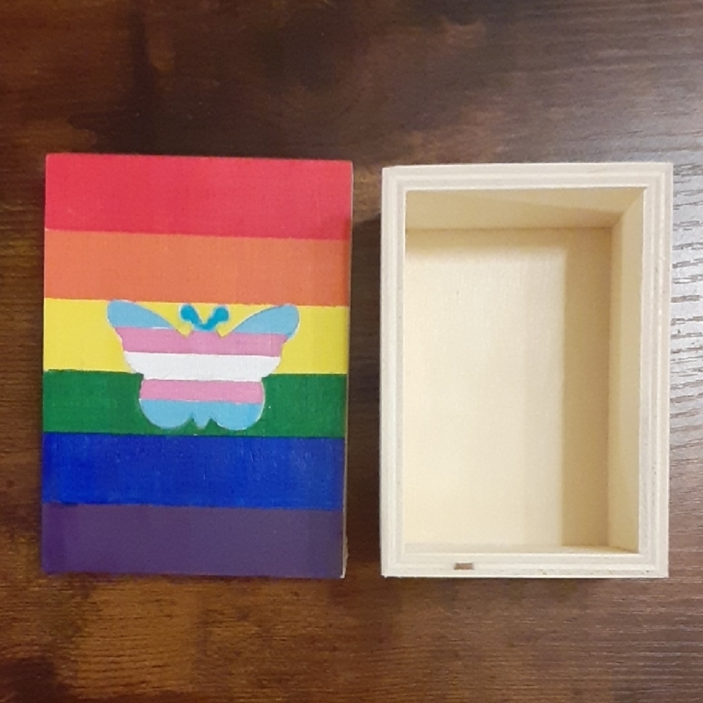 Wooden Trinket Box with Hand-painted Rainbow Stripe and Trans Pride Butterfly - Picture 4 of 10